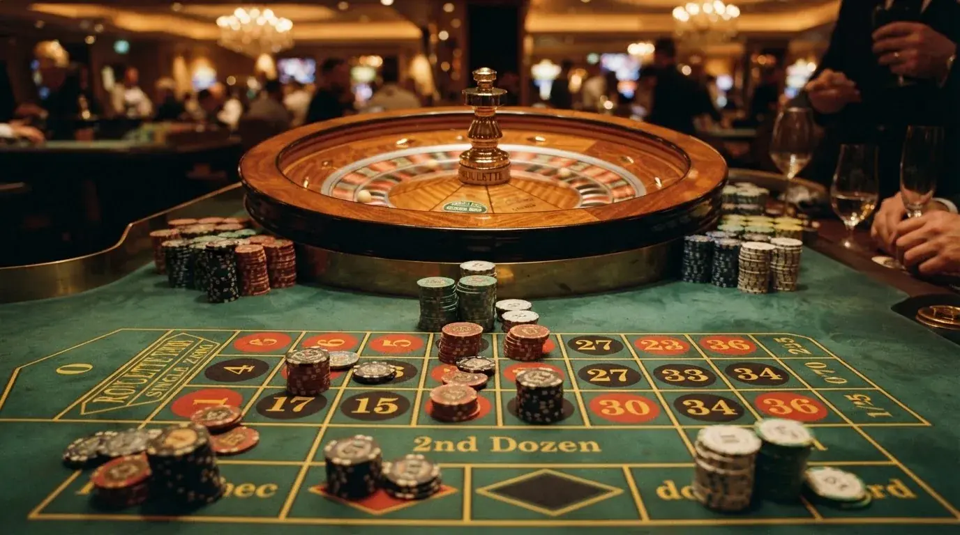 Kotač ruleta i žetoni na zelenom suknu pod toplim večernjim svjetlom — besplatni casina u hrvatskoj