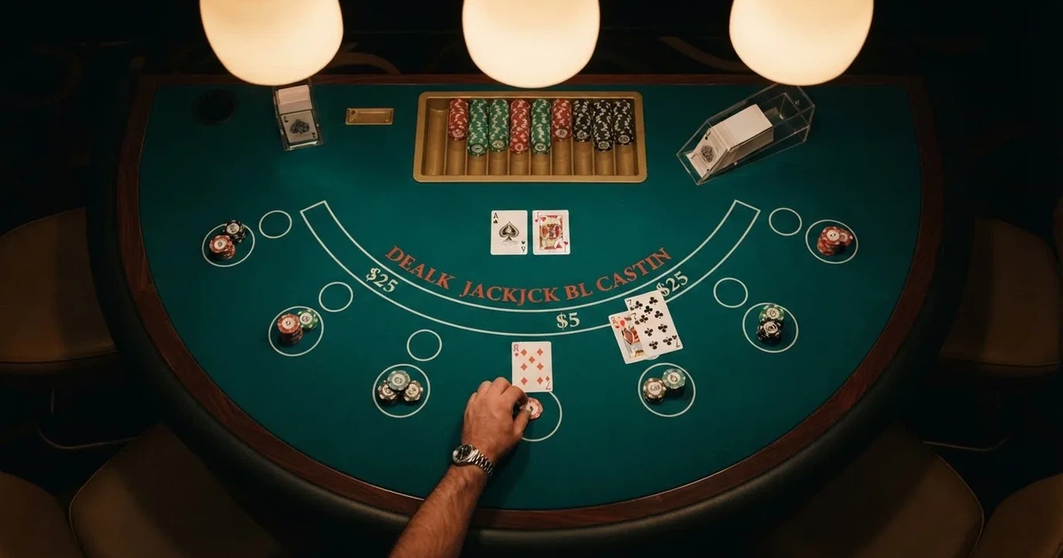 Osvijetljen stol za igru s kartama, snimljen odozgo — blackjack casina u hrvatskoj
