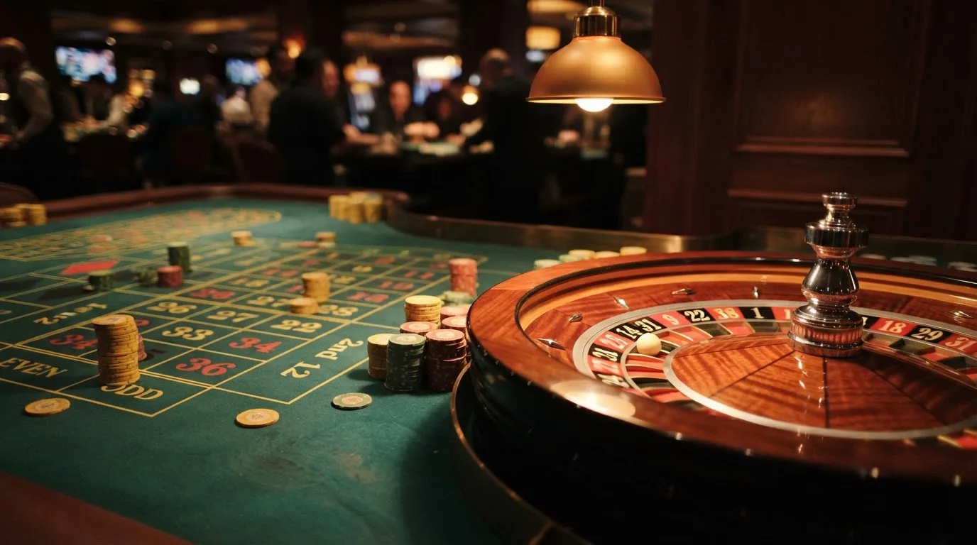 Kotač ruleta i žetoni na zelenom suknu pod toplim večernjim svjetlom — blackjack casina u hrvatskoj