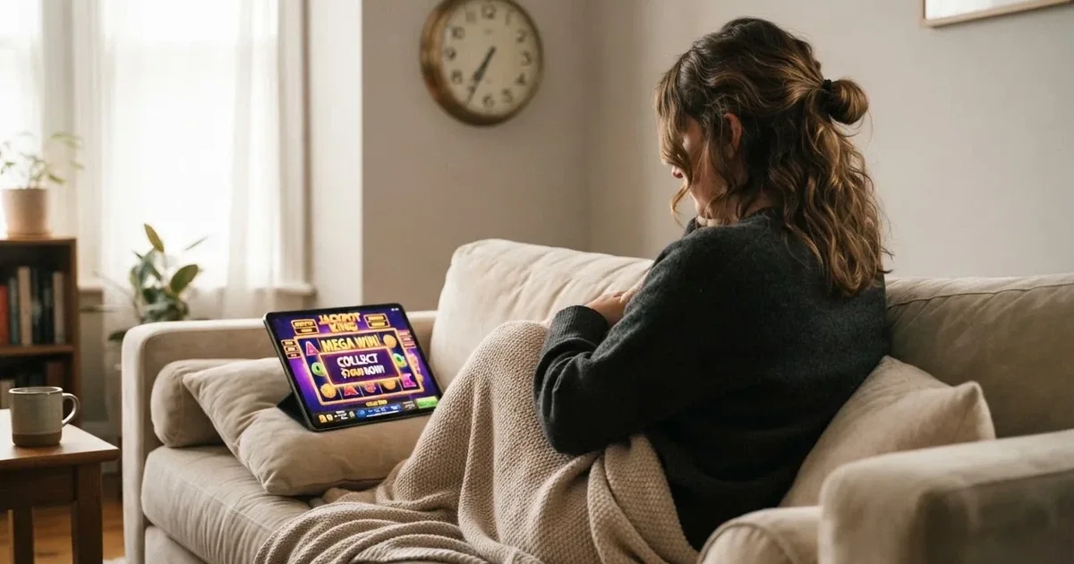 Osoba na kauču zamišljeno gleda tablet, a iza nje je sat na zidu — bonusi bez depozita u kasinu