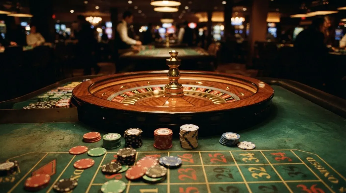 Kotač ruleta i žetoni na zelenom suknu pod toplim večernjim svjetlom — bonusi bez depozita u kasinu