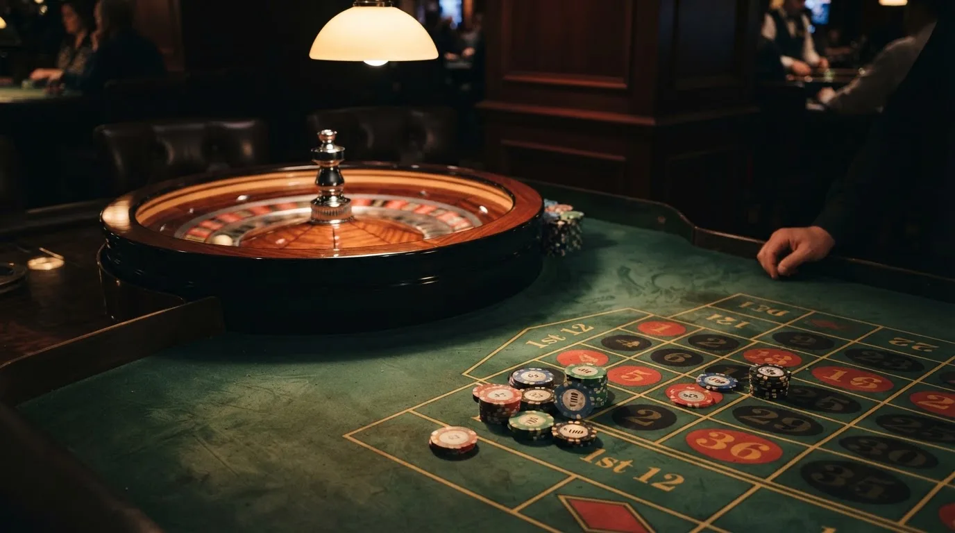 Kotač ruleta i žetoni na zelenom suknu pod toplim večernjim svjetlom — casina za android u hrvatskoj