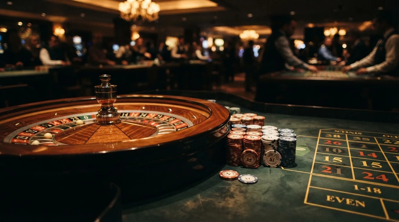 Kotač ruleta i žetoni na zelenom suknu pod toplim večernjim svjetlom — casina za iphone u hrvatskoj