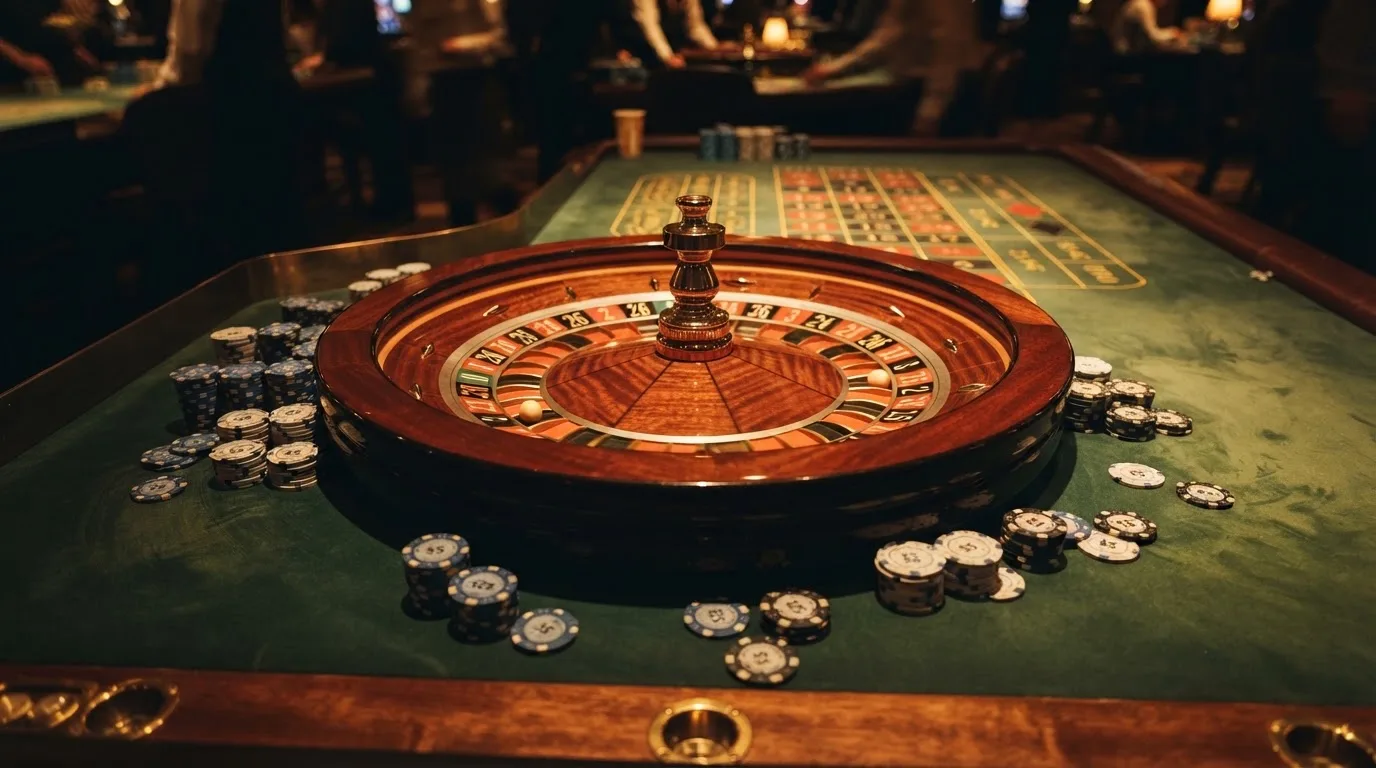 Kotač ruleta i žetoni na zelenom suknu pod toplim večernjim svjetlom — casino aparati u hrvatskoj