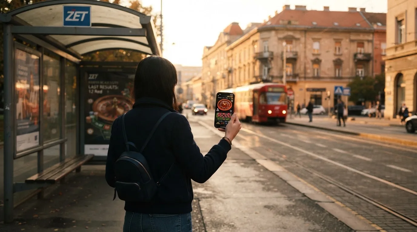 Osoba na autobusnoj stanici u Zagrebu čeka autobus i drži mobitel u ruci, kasno poslijepodne.