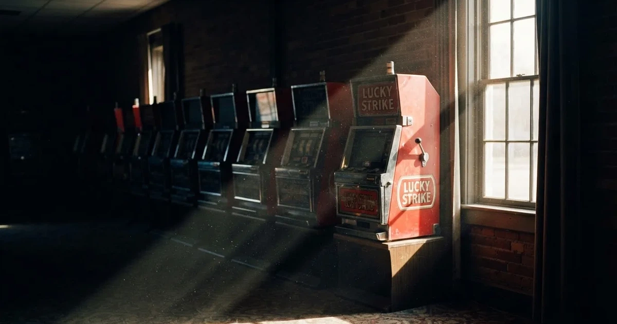 Red automata s ugašenim zaslonima u tamnoj dvorani, kroz prozor pada jedna zraka dnevnog svjetla.