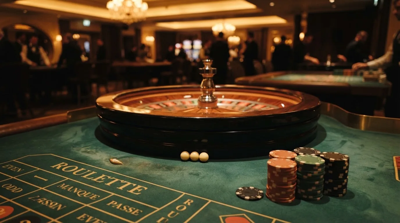 Kotač ruleta i žetoni na zelenom suknu pod toplim večernjim svjetlom — casino bez registracije u hrvatskoj