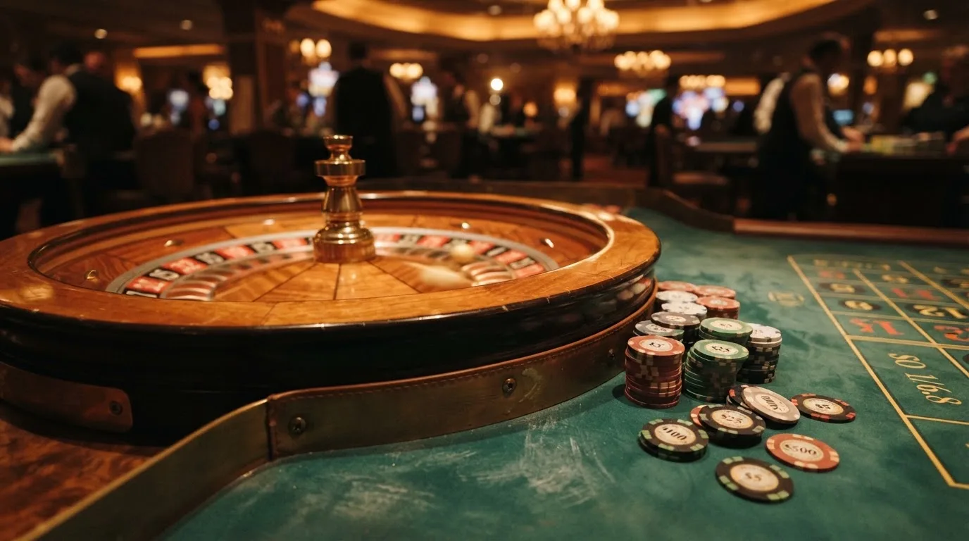 Kotač ruleta i žetoni na zelenom suknu pod toplim večernjim svjetlom — casino igre u hrvatskoj