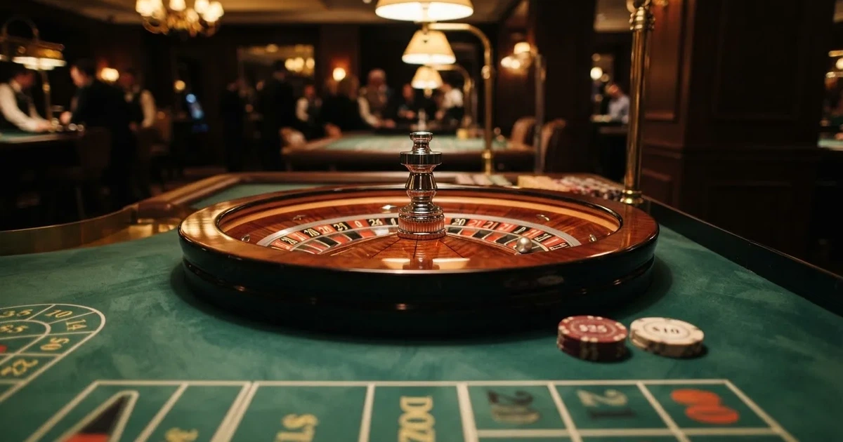 Kotač ruleta i žetoni na zelenom suknu pod toplim večernjim svjetlom — casino lutrija u hrvatskoj