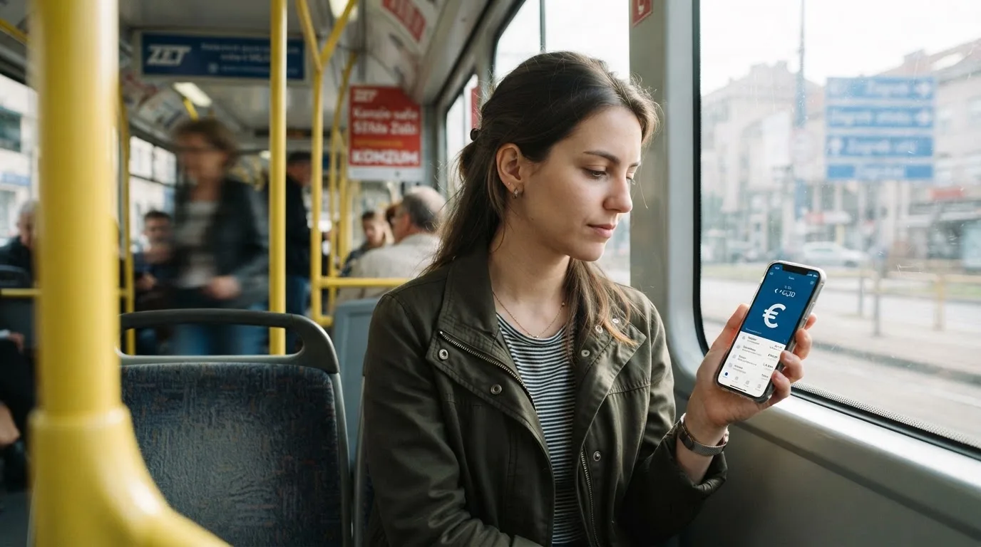 Žena u zagrebačkom tramvaju drži pametni telefon, putnici u pozadini zamućeni, dnevno svjetlo kroz prozore.