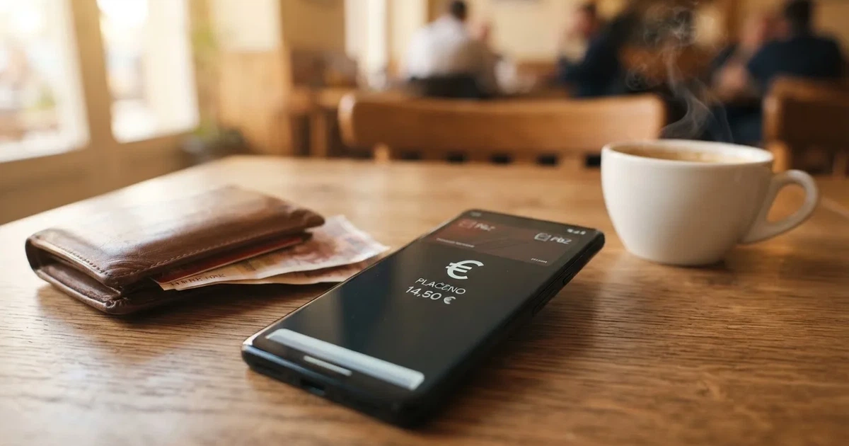 Mobitel na drvenom stolu pokraj novčanika i šalice kave — casino s apple pay u hrvatskoj