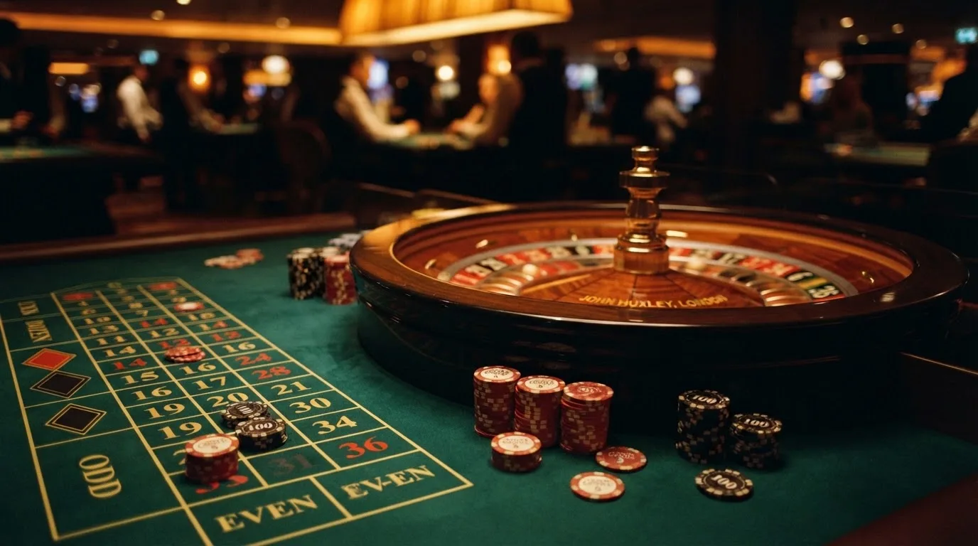Kotač ruleta i žetoni na zelenom suknu pod toplim večernjim svjetlom — casino s apple pay u hrvatskoj