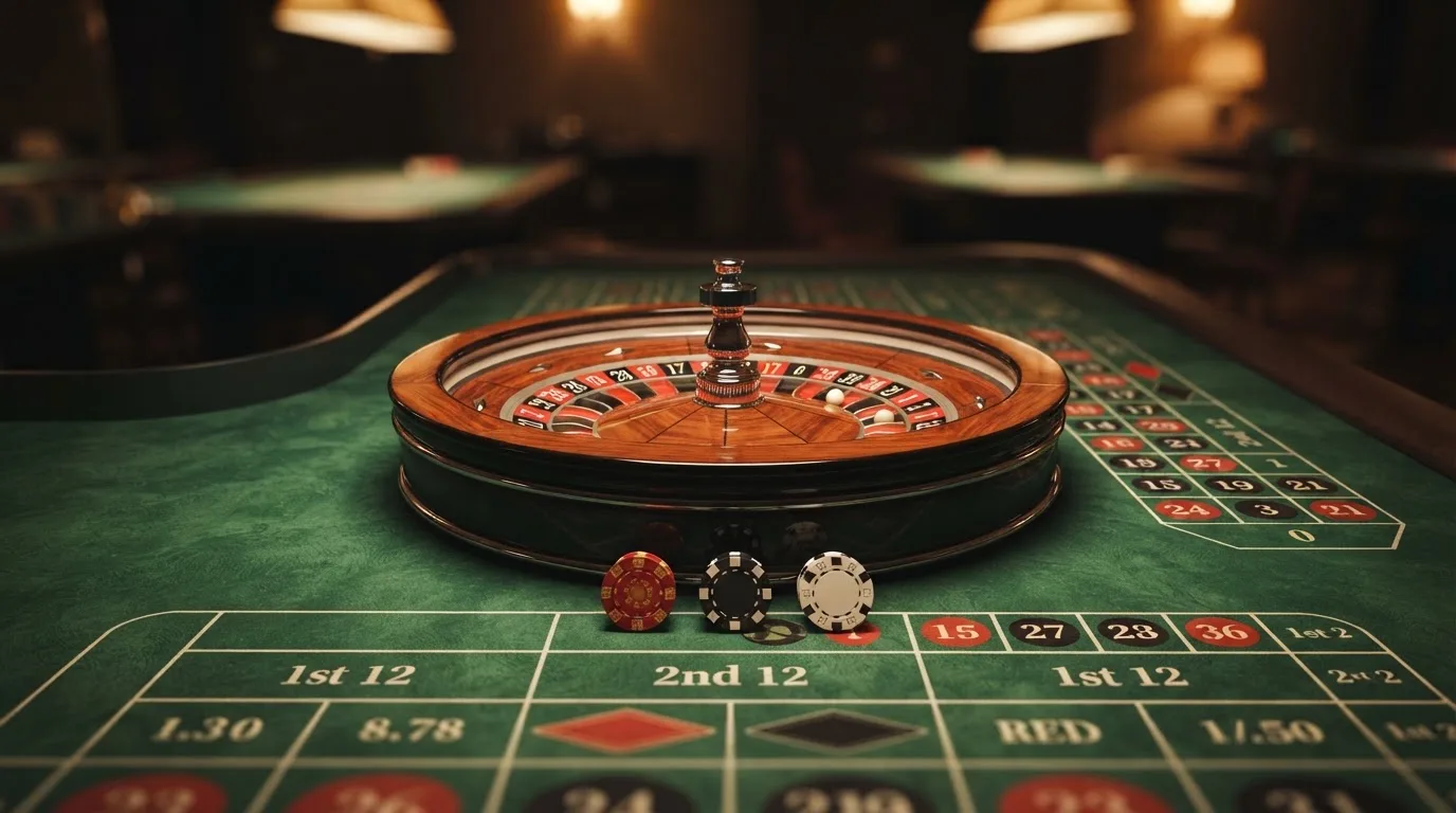Kotač ruleta i žetoni na zelenom suknu pod toplim večernjim svjetlom — casino s bankovnim transferima