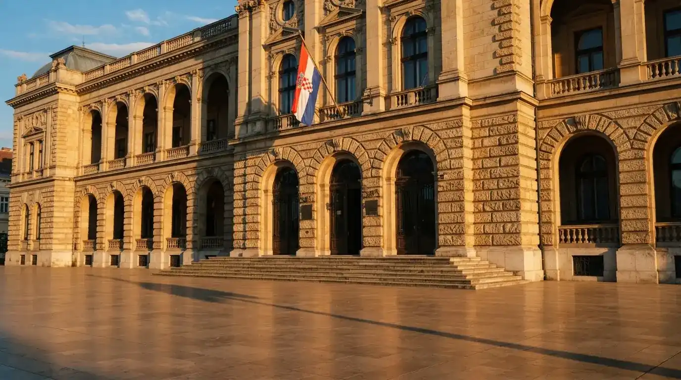 Fasada državne zgrade s lukovima i hrvatskom zastavom u sjaju poslijepodneva, bez ljudi.