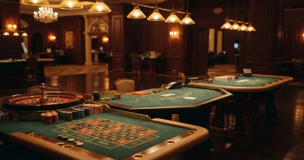 Tri različita stola za igru jedan uz drugi u mirnoj, toplo osvijetljenoj dvorani — casino stranice u hrvatskoj