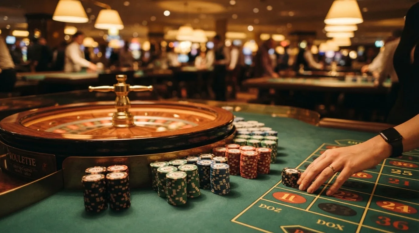 Kotač ruleta i žetoni na zelenom suknu pod toplim večernjim svjetlom — casino stranice u hrvatskoj
