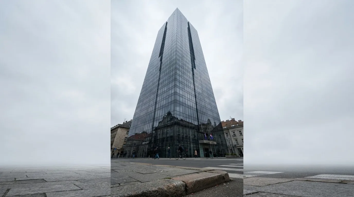Neboder u središtu Zagreba s odsjajem neba na staklenom pročelju, snimljen s razine ulice.