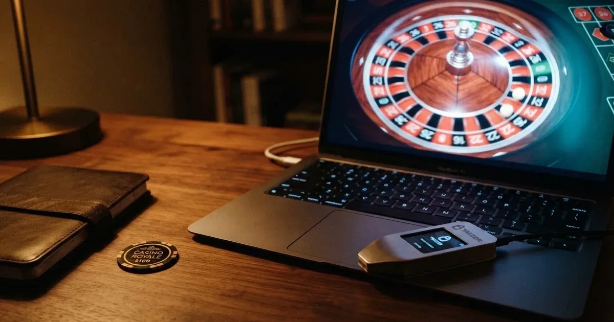 Hardverski novčanik i prijenosno računalo na stolu pod prigušenim svjetlom — ethereum casino u hrvatskoj