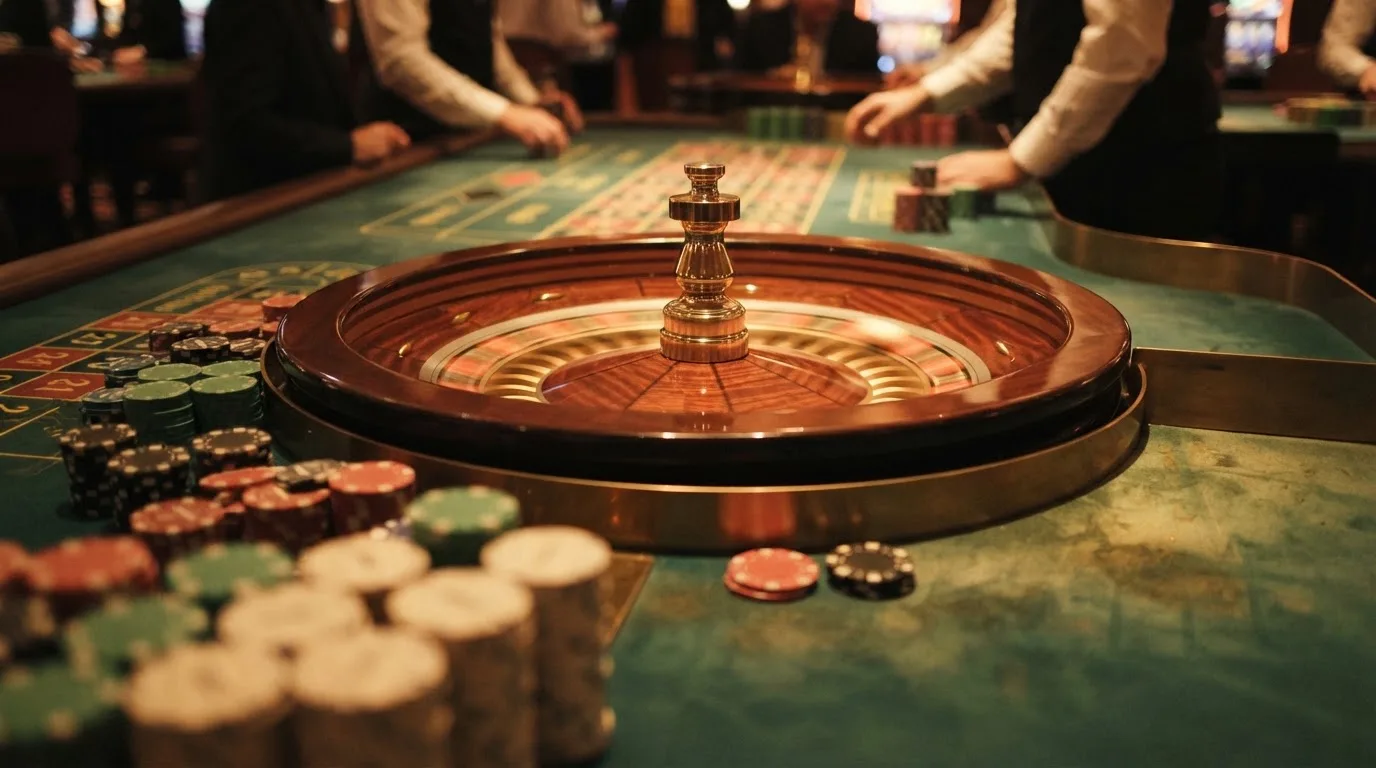 Kotač ruleta i žetoni na zelenom suknu pod toplim večernjim svjetlom — ethereum casino u hrvatskoj