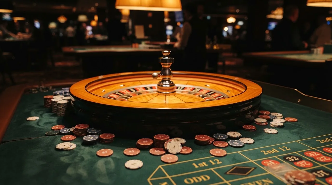 Kotač ruleta i žetoni na zelenom suknu pod toplim večernjim svjetlom — igrati blackjack u hrvatskoj