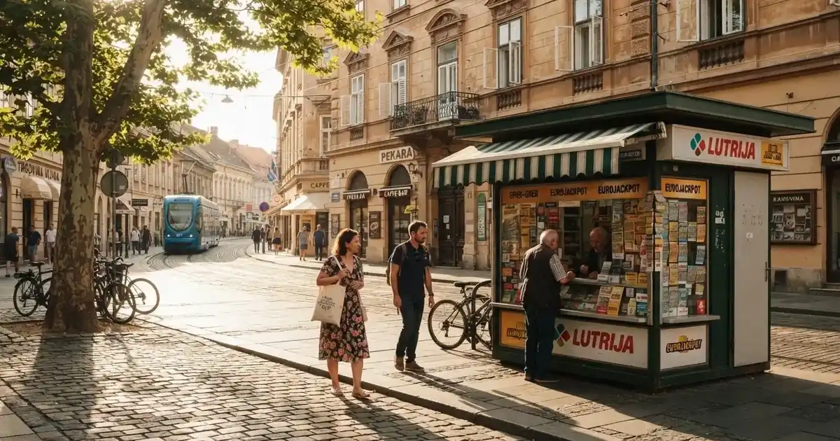 Ulica u centru Zagreba s kioskom za lutrijske listiće i prolaznicima, snimljeno danju.
