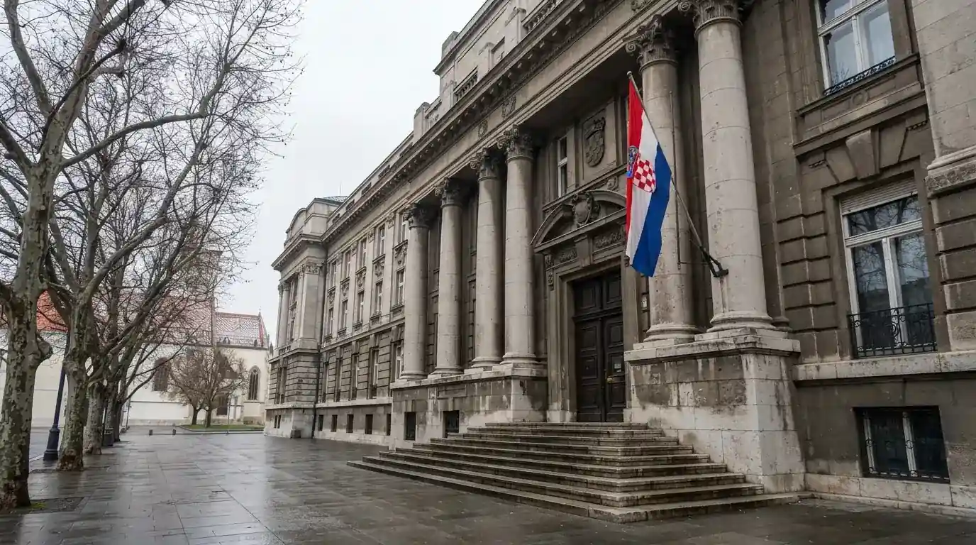 Državna zgrada s kamenom fasadom i hrvatskom zastavom na jarbolu, snimljena sa strane pod oblačnim nebom.