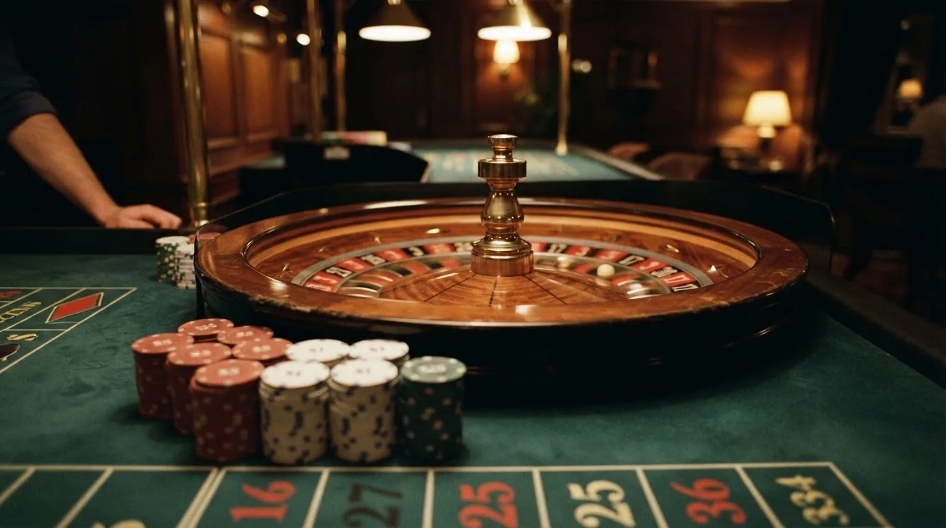 Kotač ruleta i žetoni na zelenom suknu pod toplim večernjim svjetlom — kombinacije za rulet