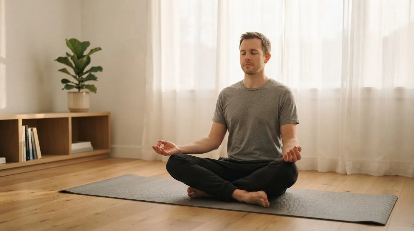 Muškarac meditira u dnevnoj sobi na prostirci dok jutarnje sunce prolazi kroz zavjese.
