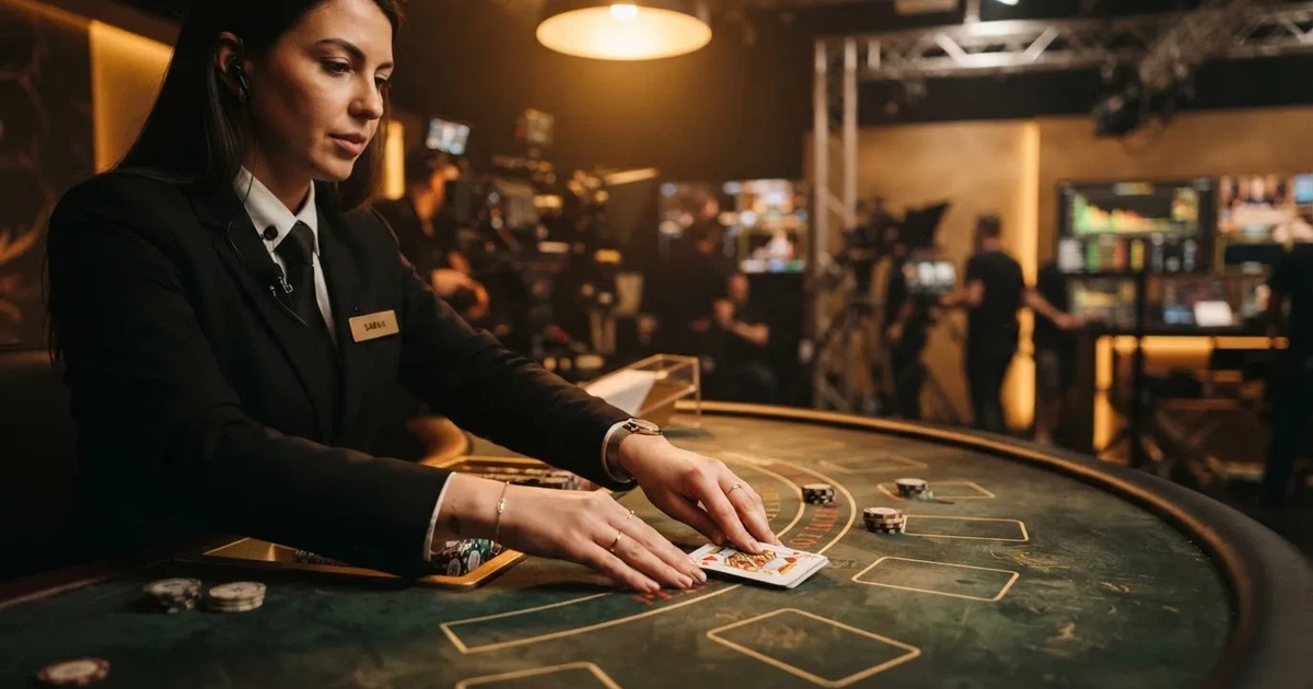 Krupije u elegantnoj uniformi dijeli karte za stolom blackjacka u studiju, snimljeno s boka pod toplim reflektorima.