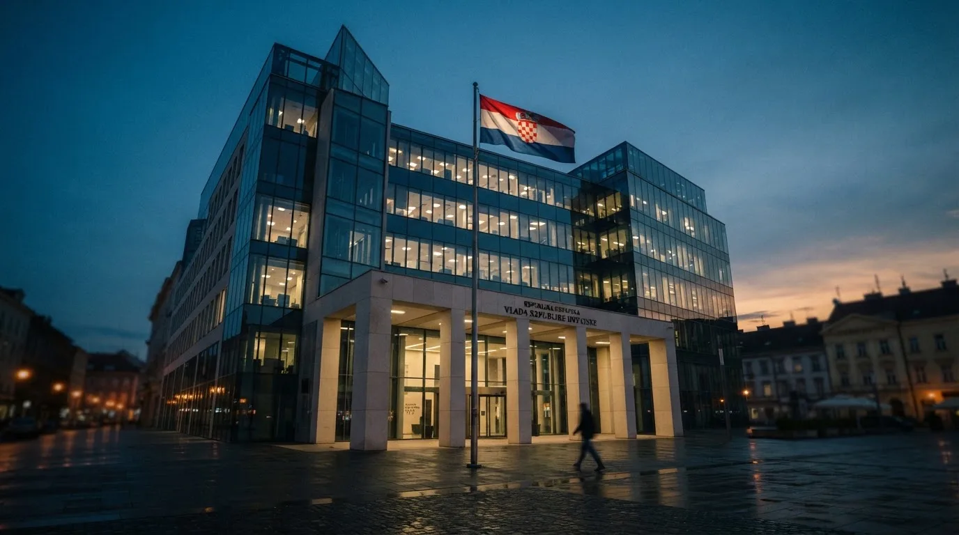 Fasada moderne državne zgrade u Zagrebu s ravnim staklenim pročeljem i hrvatskom zastavom, snimljena u sumrak.