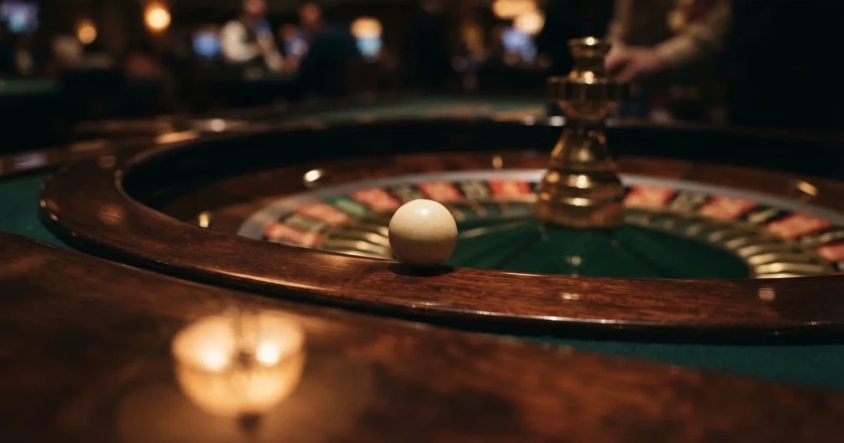 Krupni plan bijele loptice koja se vrti po rubu drvenog kotača ruleta u prigušeno osvijetljenoj dvorani.