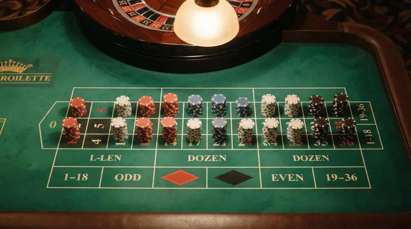 Pogled odozgo na zeleno sukno ruleta sa žetonima različitih boja složenim u male stupce, pod toplim svjetlom.