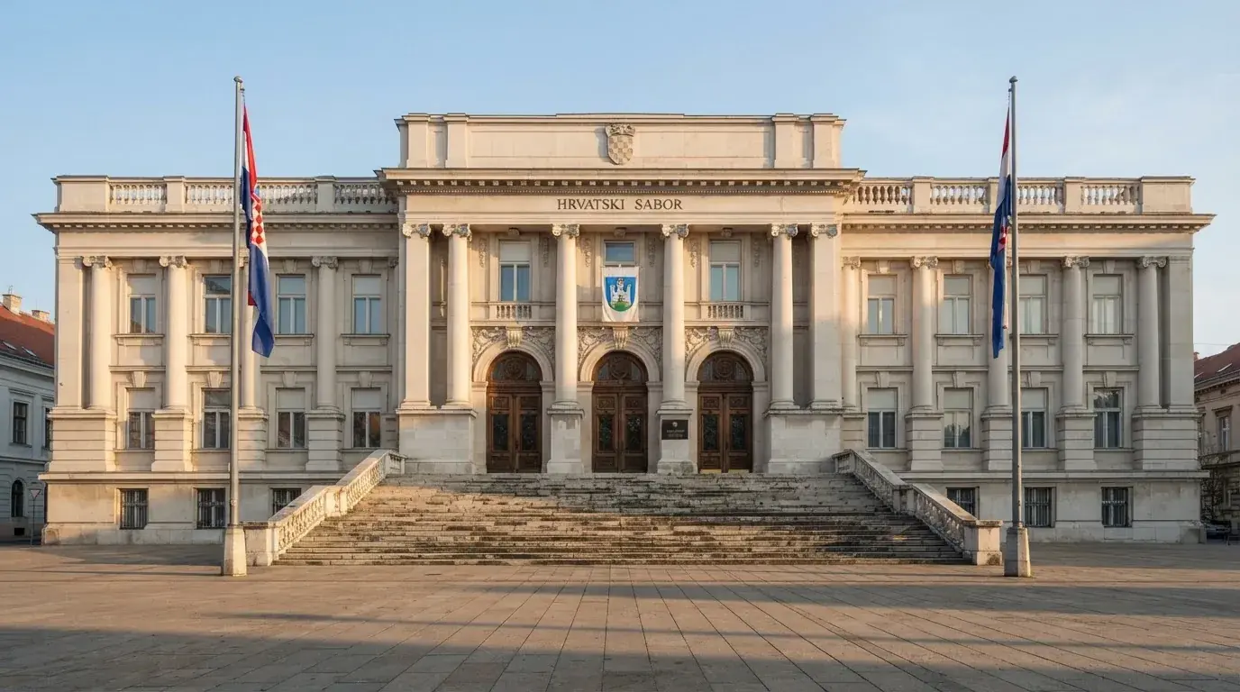 Ulaz u zgradu ministarstva u Zagrebu s kamenim stubama i zastavama, snimljen u jutarnjem svjetlu.