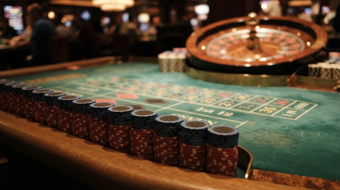 Žetoni naslagani u stupce uz rub zelenog stola, u pozadini zamućen kotač ruleta.